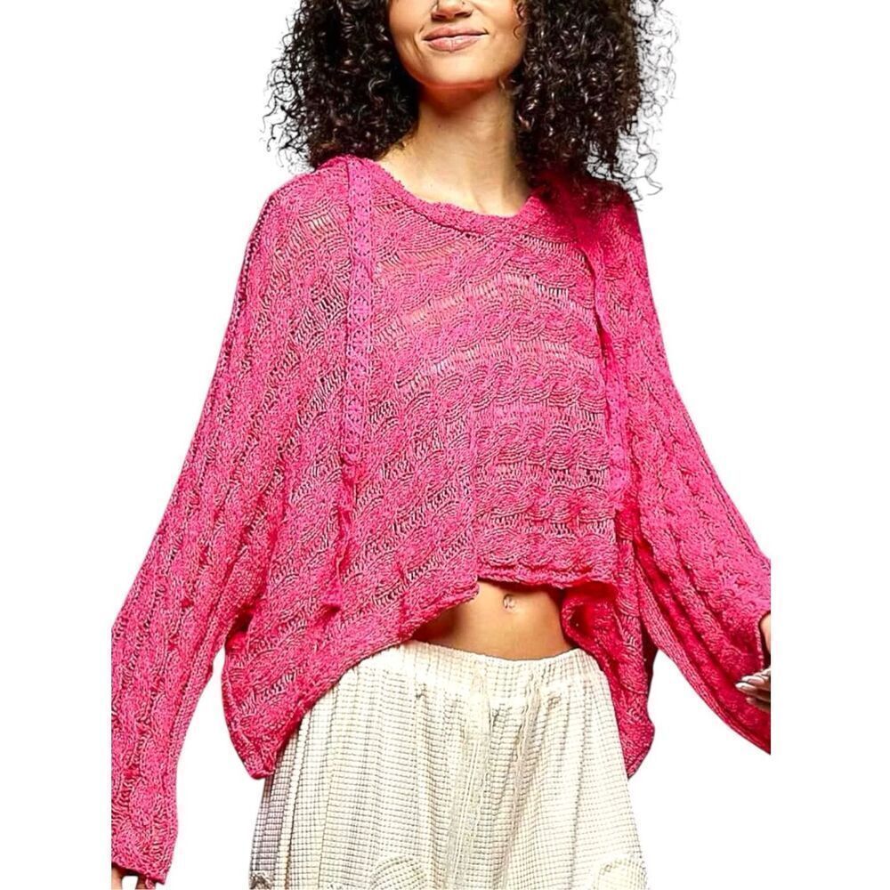 POL Hot Pink Open Knit Cropped Hoodie Sweater Boho Lace Long Sleeve Top NEW - Picture 6 of 14